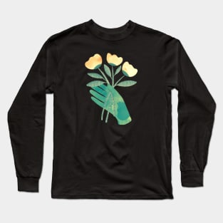Green hand with yellow flowers for you on black background Long Sleeve T-Shirt